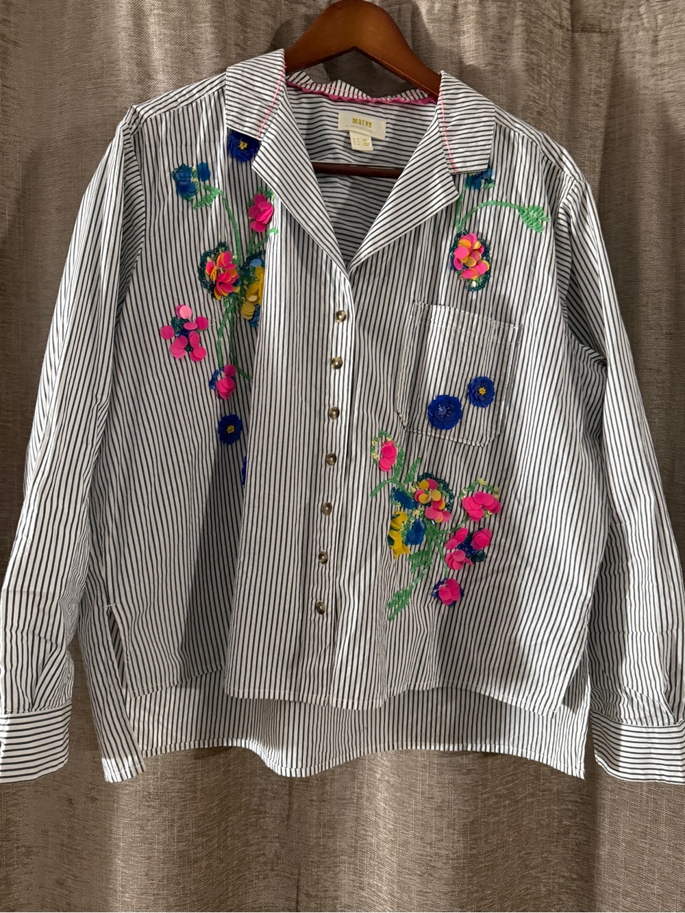 Anthropologie Navy & White oversized Button-Down with Bright Floral Embroidery